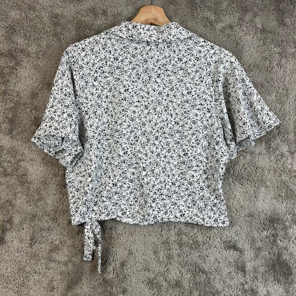 Zara White Blue Floral Crop Wrap Blouse Top Side Tie Flutter Sleeve M Medium - Picture 4 of 10